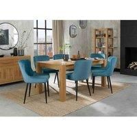 Cannes Light Oak 6-8 Seater Dining Table & 6 Cezanne Petrol Blue Velvet Fabric Chairs With Black Legs