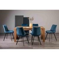 Cannes Light Oak 6-8 Seater Dining Table & 6 Fontana Blue Velvet Fabric Chairs On Black Legs