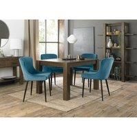 Cannes Dark Oak 4-6 Seater Dining Table & 4 Cezanne Petrol Blue Velvet Fabric Chairs Black Legs