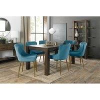 Cannes Dark Oak 6-8 Seater Dining Table & 6 Cezanne Petrol Blue Velvet Fabric Chairs Gold Plated Legs
