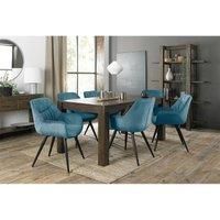 Cannes Dark Oak 6-8 Seater Dining Table & 6 Dali Petrol Blue Velvet Fabric Chairs Black Legs