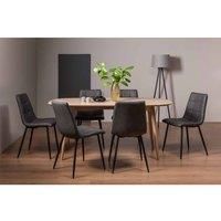 Tuska Scandi Oak 6 Seater Dining Table & 6 Mondrian Dark Grey Faux Leather Chairs With Black Legs