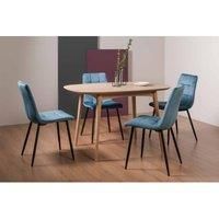 Tuska Scandi Oak 4 Seater Dining Table & 4 Mondrian Petrol Blue Velvet Fabric Chairs With Black Legs