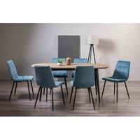 Rhoka Weathered Oak 6 Seater Dining Table With Peppercorn Legs & 6 Mondrian Petrol Blue Velvet Fabric Chairs With Black Legs