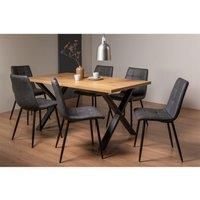 Ramsay Oak Effect 6 Seater (X Leg) & 6 Mondrian Dark Grey Faux Leather Chairs
