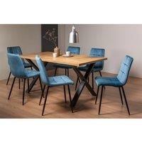 Ramsay Oak Effect 6 Seat Dining Table (X Leg) & 6 Mondrian Blue Velvet Chairs