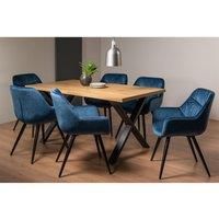 Ramsay Oak Effect 6 Seat Table (X Leg) & 6 Dali Petrol Blue Velvet Fabric Chairs