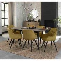 Rhoka Weathered Oak 6 Seater Dining Table With Peppercorn Legs & 6 Dali Mustard Velvet Fabric Chairs With Black Legs