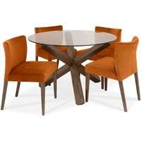 Bentley Designs Cannes Dark Oak Circular Glass Table & 4 Low Back Upholstered Chairs - Harvet Pumpkin Velvet Fabric