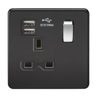 KnightsBridge 1G 13A Screwless Matt Black 1G Switched Socket with Dual 5V USB Charger Ports - Black Insert