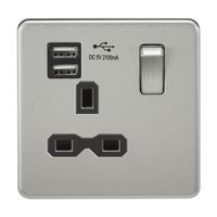 KnightsBridge 1G 13A Screwless Brushed Chrome 1G Switched Socket with Dual 5V USB Charger Ports - White Insert