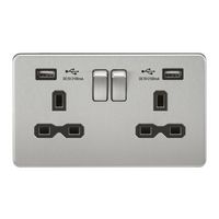 KnightsBridge 2G 13A Screwless Brushed Chrome 2G Switched Socket with Dual 5V USB Charger Ports - White Insert