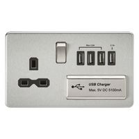 KnightsBridge 2G 13A Screwless Brushed Chrome 1G Switched Socket with Quad 5V USB Charger Ports - White Insert