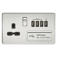 KnightsBridge 2G 13A Screwless Polished Chrome 1G Switched Socket with Quad 5V USB Charger Ports - White Insert