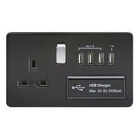 KnightsBridge 2G 13A Screwless 1G Matt Black Switched Socket with Quad 5V USB Charger Ports - Black Insert