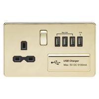 KnightsBridge 2G 13A Screwless Polished Brass 1G Switched Socket with Quad 5V USB Charger Ports - Black Insert