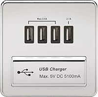 Knightsbridge SFAVQUADPC Screwless 1G Quad USB Charger Outlet 5V Dc 5.1A-Polished Chrome with Black Insert, 230 V