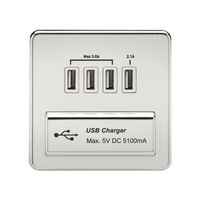 Knightsbridge SFAVQUADPCW Screwless 1G Quad USB Charger Outlet 5V Dc 5.1A-Polished Chrome with White Insert