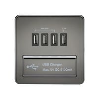 KnightsBridge 1G Screwless Black Nickel Quad USB 5V Charger Outlet - White Insert