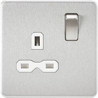KnightsBridge 1G 13A 230V Screwless Brushed Chrome UK 3 Pin Switched Electrical Wall Socket - White Insert