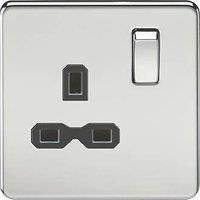 KnightsBridge 1G DP 13A 230V Screwless Polished Chrome UK 3 Pin Switched Electrical Wall Socket - Black Insert