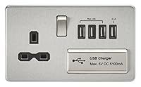 Knightsbridge SFR7USB4BC Screwless 1G 13A Switched Socket with Quad USB Charger 5V Dc 5.1A-Brushed Chrome with Black Insert, Silver