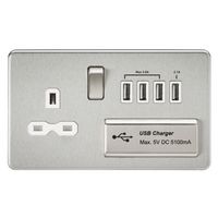 Knightsbridge SFR7USB4BCW Screwless 1G 13A Switched Socket with Quad USB Charger 5V Dc 5.1A-Brushed Chrome with White Insert, Silver
