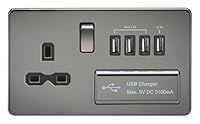 Knightsbridge SFR7USB4BN Screwless 1G 13A Switched Socket with Quad USB Charger 5V Dc 5.1A Nickel with Black Insert