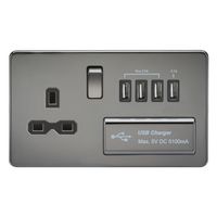 KnightsBridge 13A 2G Screwless Black Nickel 1G Switched Socket with Quad 5V USB Charger Ports - White Insert