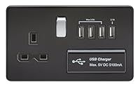 Knightsbridge SFR7USB4MB Screwless 1G 13A Switched Socket with Quad USB Charger 5V Dc 5.1A-Matt Black with Chrome Rocker