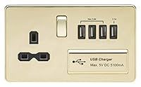 Knightsbridge SFR7USB4PB Screwless 1G 13A Switched Socket with Quad USB Charger 5V Dc 5.1A-Polished Brass with Black Insert