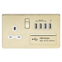 KnightsBridge 13A 2G Screwless Polished Brass 1G Switched Socket with Quad 5V USB Charger Ports - White Insert