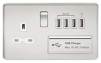 Knightsbridge SFR7USB4PCW Screwless 1G 13A Switched Socket with Quad USB Charger 5V Dc 5.1A-Polished Chrome W/White Insert, Silver