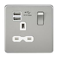 Knightsbridge SFR9901BCW Screwless 13A 1G Switched Socket with Dual USB Charger-Brushed Chrome with White Insert, Silver