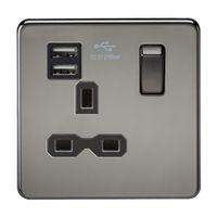 KnightsBridge 13A 1G Screwless Black Nickel 1G Switched Socket with Dual 5V USB Charger Ports - White Insert