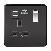 Knightsbridge SFR9901MB Screwless 13A 1G Switched Socket with Dual USB Charger-Matt Black W/Chrome Rocker