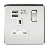 KnightsBridge 13A 1G Screwless Polished Chrome 1G Switched Socket with Dual 5V USB Charger Ports - White Insert