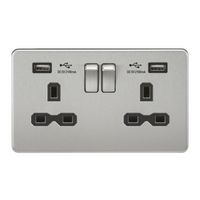 KnightsBridge 13A 2G Screwless Brushed Chrome 2G Switched Socket with Dual 5V USB Charger Ports - Black Insert