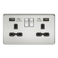KnightsBridge 13A 2G Screwless Polished Chrome 2G Switched Socket with Dual 5V USB Charger Ports - Black Insert