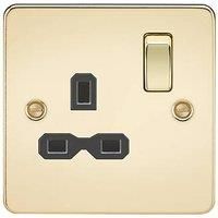 KnightsBridge 1G DP Switched Socket Flat Plate - Polished Brass, Black Insert