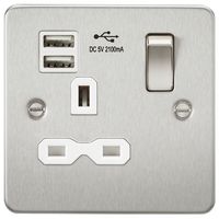 KnightsBridge Flat plate 13A 1G switched socket with dual USB charger (2.1A) - brushed chrome with white insert
