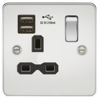 KnightsBridge Flat plate 13A 1G switched socket with dual USB charger (2.1A) - polished chrome with black insert