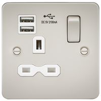 KnightsBridge Flat plate 13A 1G switched socket with dual USB charger (2.1A) - pearl with white insert