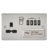 KnightsBridge Flat plate 13A switched socket with quad USB charger - brushed chrome with black insert
