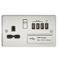 KnightsBridge Flat plate 13A switched socket with quad USB charger - polished chrome with black insert