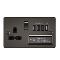 KnightsBridge Flat plate 13A switched socket with quad USB charger - gunmetal with black insert