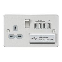KnightsBridge Flat plate 13A switched socket with quad USB charger - brushed chrome with grey insert