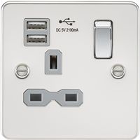 KnightsBridge Flat plate 13A 1G switched socket with dual USB charger (2.1A) - polished chrome with grey insert
