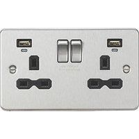 KnightsBridge 13A 2G Switched Socket, dual USB charger (2.4A) with Indicators - Brushed Chrome with black insert