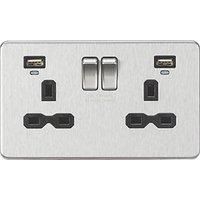 13A 2G Switched Socket, Dual USB (2.4A) with LED Charge Indicators - Brushed Chrome w/black insert